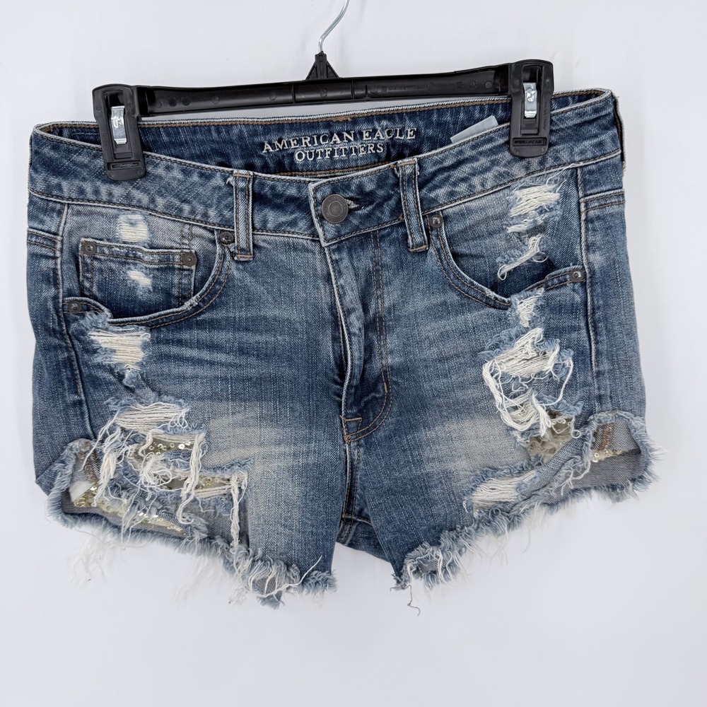 American Eagle Hi-Rise Festival Distressed Gold Sequin Pockets Denim Shorts 8